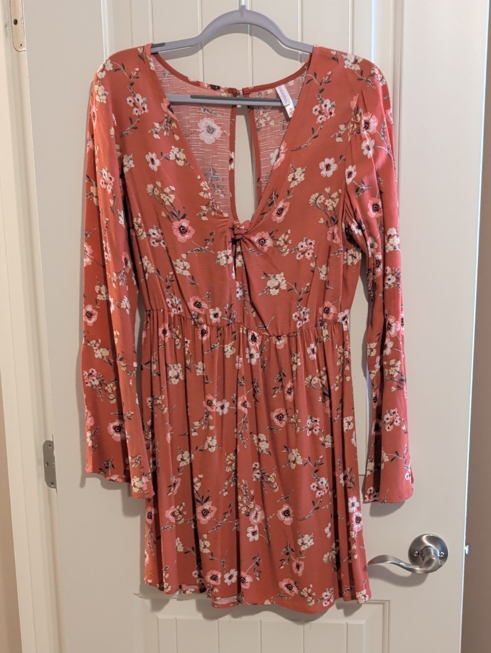 Xhilaration Floral Long-Sleeve Plunging Neck Mini Dress
